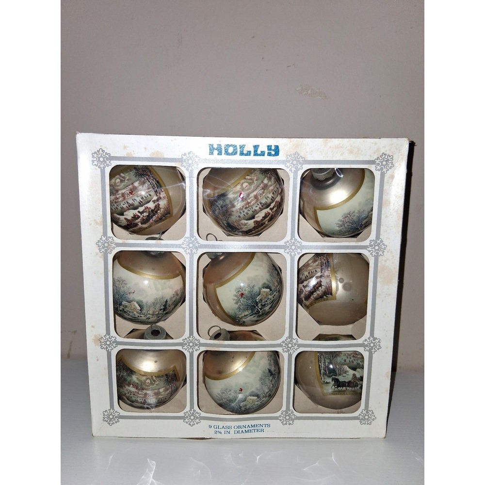 Vintage Currier & Ives Holly Glass Christmas Ornaments Set of 9 Winter Scenes